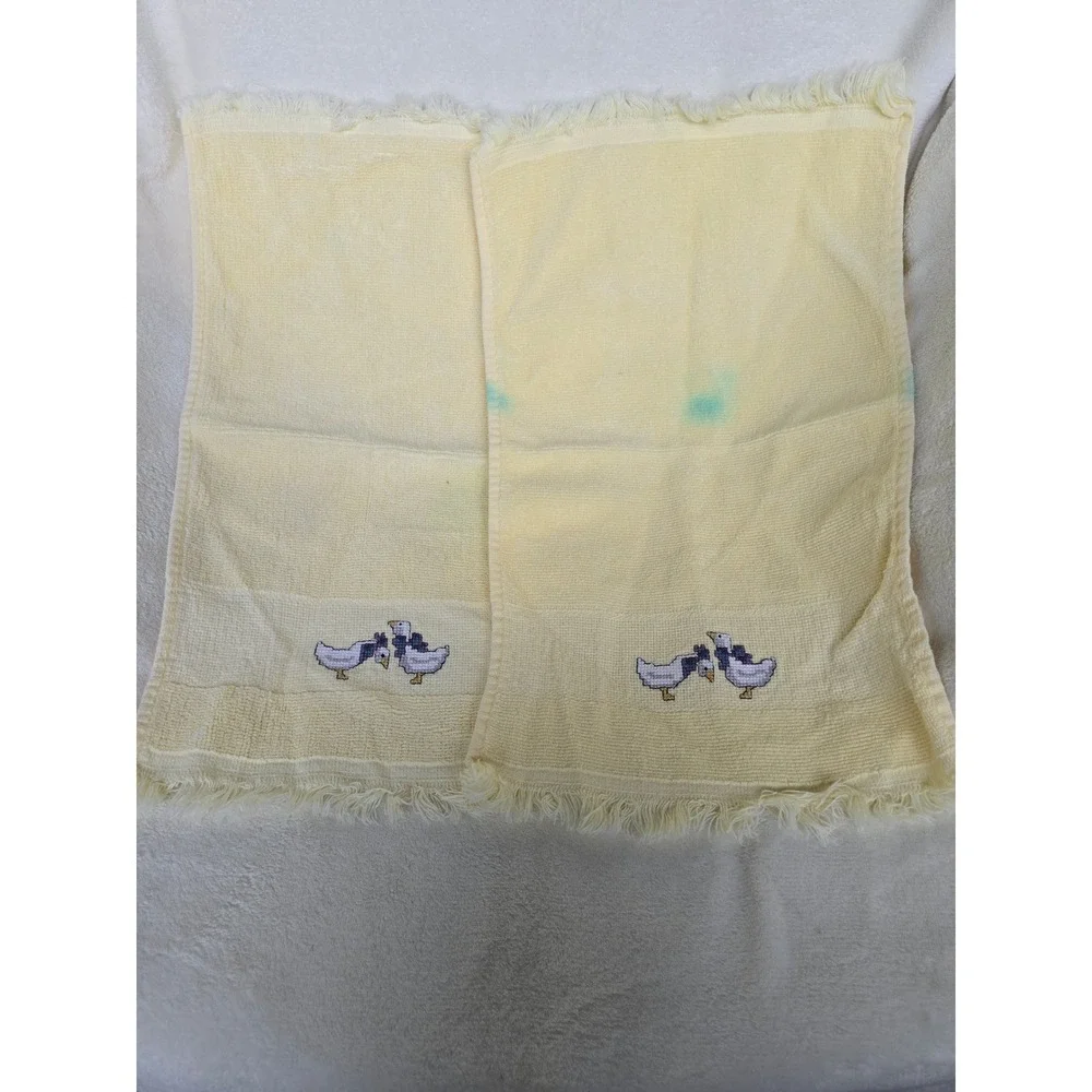 Vintage Yellow Hand Towels Set of 2 Cross Stitch Geese Blue Bows Fringed Edge